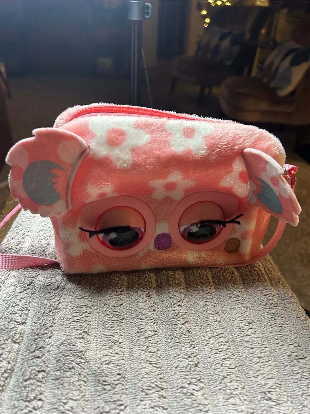 Kids Plush Pink Floral Crossbody Bag with Playful Eye Detail